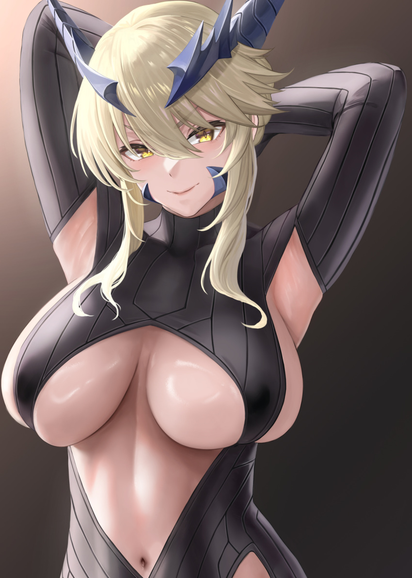 armpits arms_behind_head arms_up artoria_pendragon_(fate) artoria_pendragon_(lancer_alter)_(fate) black_bodysuit blonde_hair bodysuit braid breasts center_opening fate/grand_order fate_(series) female french_braid hair_between_eyes highres horns large_breasts long_hair looking_at_viewer navel revealing_clothes ribbed_bodysuit sideboob sidelocks smile solo underboob yamaneko_(tkdrumsco) yellow_eyes