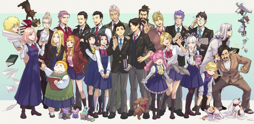 6+boys 6+girls :d ^_^ absurdres aged_down albert_harebrayne animal_on_shoulder aqua_background aqua_eyes aqua_necktie badge barok_van_zieks beard black_cat black_coat black_footwear black_gloves black_hair black_jacket black_necktie black_socks blonde_hair blue_eyes blue_skirt blue_vest blunt_bangs blush_stickers book book_stack boots bow bowtie braid breasts brown_dog brown_eyes brown_hair brown_jacket brown_necktie brown_pants brown_vest calico canine cat_on_shoulder chisel chuunosuke_(ace_attorney) closed_eyes closed_mouth coat commentary courtney_sithe curly_hair dress drill_hair earrings eating enoch_drebber esmeralda_tusspells everyone eyepatch eyes_visible_through_hair facial_hair feline food frilled_dress frills frown full_body genshin_asogi gina_lestrade glasses gloves green_eyes green_vest grey_eyes grey_pants grey_vest grin gyakuten_saiban hair_rings hairbow hand_on_another's_shoulder hands_on_own_knees herlock_sholmes highres holding holding_book holding_food holding_pencil holding_statuette hood hoodie hot_dog iris_wilson jacket jewelry kazuma_asogi klint_van_zieks kneehighs lab_coat light_brown_hair long_hair long_sleeves loose_bowtie loose_necktie mael_stronghart maria_gorey medium_breasts medium_hair misica moustache multiple_boys multiple_girls neck_ribbon necktie nikolina_borschevic nyan_zieks nyasogi olive_green one_eye_closed opaque_glasses open_clothes open_jacket open_mouth orange_hair pages pants pantyhose paper partially_unbuttoned pencil pink_hair pink_ribbon pink_shirt plaid plaid_bow pleated_skirt purple_bow purple_dress purple_eyes purple_hair purple_shorts purple_vest quadcopter reading red_bow red_bowtie red_hoodie red_necktie red_ribbon rei_membami ribbed_sweater ribbon rimless_eyewear round_eyewear ryunosuke_naruhodo sandals satoru_hosonaga school_uniform seishiro_jigoku semi-rimless_eyewear shirt shoes short_hair shorts sideburns simple_background single_braid single_glove skirt sleeves_past_wrists small_breasts smile socks soseki_natsume sparkle squatting standing statuette stuffed_animal stuffed_mouse stuffed_rabbit stuffed_toy susato_mikotoba sweat sweater teeth the_great_ace_attorney the_great_ace_attorney_2:_resolve toby_(ace_attorney) toeless_footwear twin_drills two-tone_background uniform upper_teeth_only usalock venus_(ace_attorney) very_long_hair vest w wagahai_(ace_attorney) white_background white_cat white_coat white_hair white_shirt white_socks white_sweater wilhelm_gottsreich_sigismond_ormstein wing_collar yellow_bow yellow_bowtie yujin_mikotoba