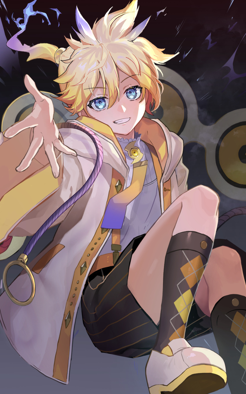 1boy argyle_clothes argyle_legwear black_background black_shorts black_socks blonde_hair blue_eyes commentary grin highres jacket kagamine_len kneehighs lightning_hair looking_at_viewer magical_mirai_(vocaloid) magical_mirai_len magical_mirai_len_(2021) male_focus medallion necktie o-ring outstretched_arm reaching reaching_towards_viewer rope saz8720 shirt short_ponytail shorts smile socks solo speaker spiked_hair striped_clothes striped_shorts vocaloid white_footwear white_jacket white_shirt yellow_necktie