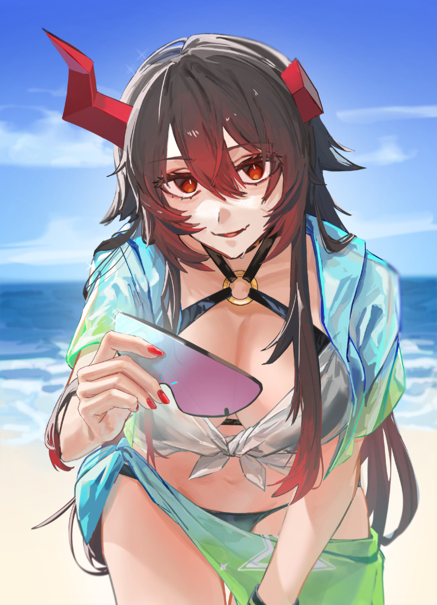 absurdres annindofu_umaaa azur_lane bad_id bad_pixiv_id beach bent_over bikini black_bikini black_hair breasts commentary_request day female gradient_hair hair_between_eyes highres holding holding_removed_eyewear horns long_hair looking_at_viewer magdeburg_(azur_lane) magdeburg_(gone_fishing)_(azur_lane) multicolored_hair nail_polish o-ring o-ring_bikini ocean official_alternate_costume outdoors red_hair red_horns red_nails sarong scar smile solo sunglasses swimsuit unworn_eyewear very_long_hair