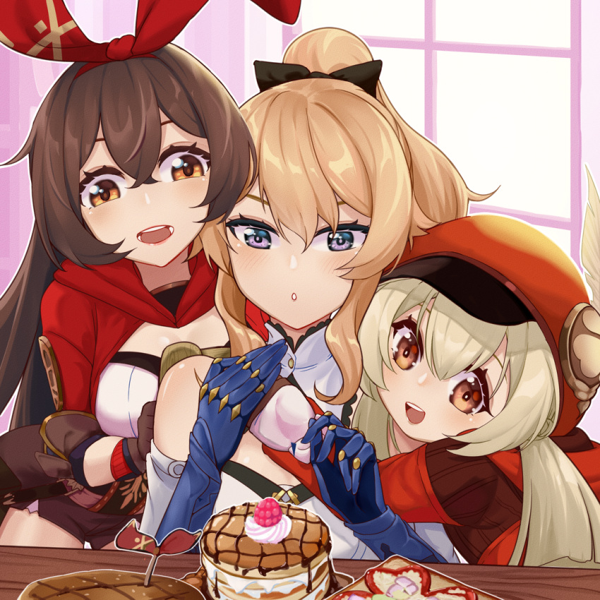 3girls :d ahoge amber_(genshin_impact) bent_over blue_gloves bow breasts brown_eyes brown_gloves brown_hair brown_shorts cabbie_hat cleavage clover_print coat commentary_request elbow_gloves fish-flavored_toast_(genshin_impact) food genshin_impact gloves grey_eyes hair_between_eyes hair_ribbon hairband hairbow hat hat_ornament hood hooded_coat hpapo hug jean_(genshin_impact) klee_(genshin_impact) light_brown_hair lighter-than-air_pancake_(genshin_impact) long_hair long_sleeves looking_at_viewer low_twintails multiple_girls open_mouth orange_eyes outrider's_champion_steak!_(genshin_impact) pancake pointy_ears ponytail red_coat red_headwear ribbon shorts sidelocks smile steak twintails