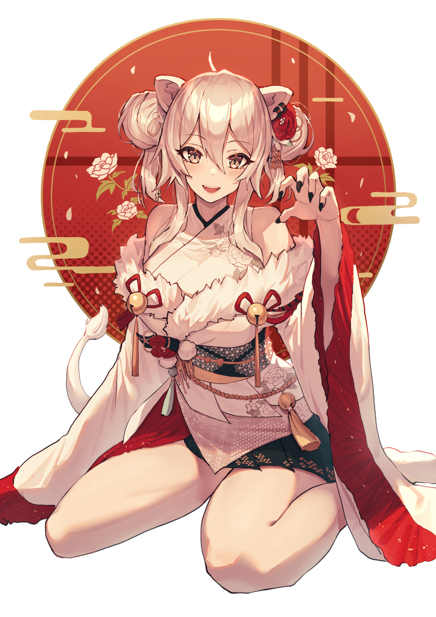 absurdres ahoge animal_ears asa_no_ha_(pattern) bare_legs bell black_nails blush breasts claw_pose commentary double_bun ear_piercing egasumi fangs female floral_print flower full_body fur-trimmed_kimono fur_trim grey_eyes grey_hair hair_between_eyes hair_bun hair_flower hair_ornament highres hololive japanese_clothes kimono large_breasts lion_ears lion_girl lion_tail looking_at_viewer mazel_(mazel_star) medium_hair nail_polish obi off_shoulder official_alternate_costume official_alternate_hair_length official_alternate_hairstyle open_mouth piercing polka_dot polka_dot_background red_background sash shishiro_botan shishiro_botan_(new_year) simple_background sitting smile solo symbol-only_commentary tail tassel thighs uroko_(pattern) virtual_youtuber wariza white_background white_kimono wide_sleeves