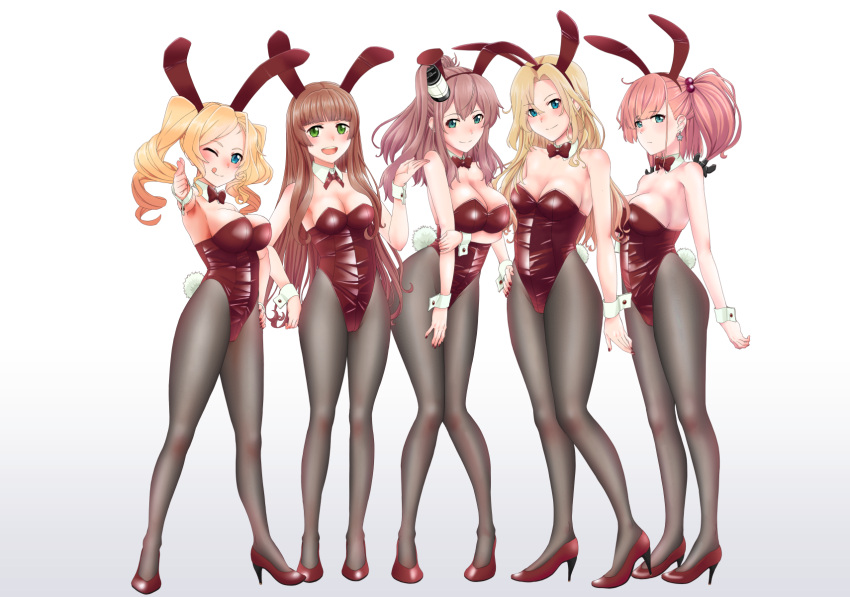 5girls :q alternate_hairstyle anchor_hair_ornament animal_ears atlanta_(kancolle) black_pantyhose blue_eyes blush bow bowtie breasts brown_hair closed_mouth detached_collar drill_hair earrings fake_animal_ears fake_tail full_body gradient_background green_eyes grey_background hair_between_eyes hair_bobbles hair_ornament hand_on_own_hip helena_(kancolle) high_heels high_side_ponytail highres honolulu_(kancolle) hornet_(kancolle) jewelry kantai_collection large_breasts leotard long_hair mikan_29344886 multiple_girls one_eye_closed open_mouth pantyhose pink_hair playboy_bunny ponytail rabbit_ears rabbit_tail red_bow red_bowtie red_footwear red_leotard saratoga_(kancolle) simple_background single_earring smile smokestack_hair_ornament standing star_(symbol) star_earrings strapless strapless_leotard tail tongue tongue_out twin_drills twintails two_side_up wrist_cuffs