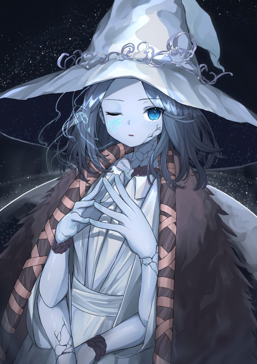 bad_id bad_pixiv_id blue_eyes blue_hair blue_skin breasts cloak colored_skin commentary cracked_skin doll_joints dress elden_ring extra_arms extra_faces female fur_cloak glowing_tattoo hat highres joints large_hat lazu0721 long_hair looking_at_viewer one_eye_closed parted_bangs parted_lips ranni_the_witch small_breasts solo white_dress white_hat witch witch_hat