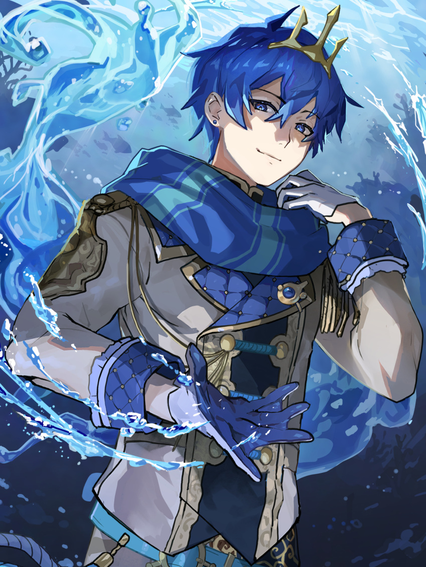 1boy belt blue_eyes blue_gloves blue_hair blue_scarf blue_theme buttons commentary double-breasted epaulettes gloves gold_trim highres jacket kaito_(vocaloid) magical_mirai_(vocaloid) magical_mirai_kaito magical_mirai_kaito_(2021) male_focus medallion saz8720 scarf smile splashing tassel tiara two-tone_gloves underwater uniform upper_body vocaloid water white_gloves white_jacket