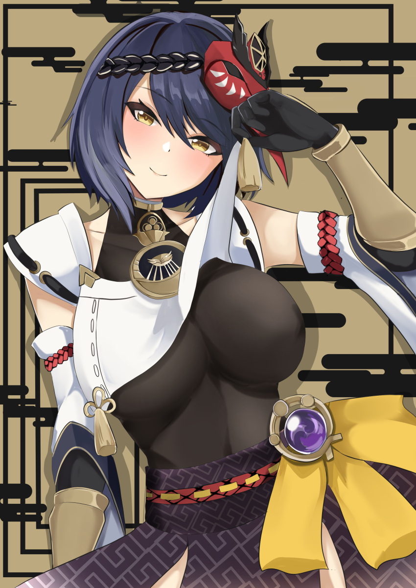 absurdres bird_mask black_hair breasts clothes_lift egasumi female genshin_impact gloves highres kujou_sara lifting_own_clothes looking_at_viewer mask mask_on_head short_hair smile tian_kazuki vambraces vision_(genshin_impact) yellow_eyes