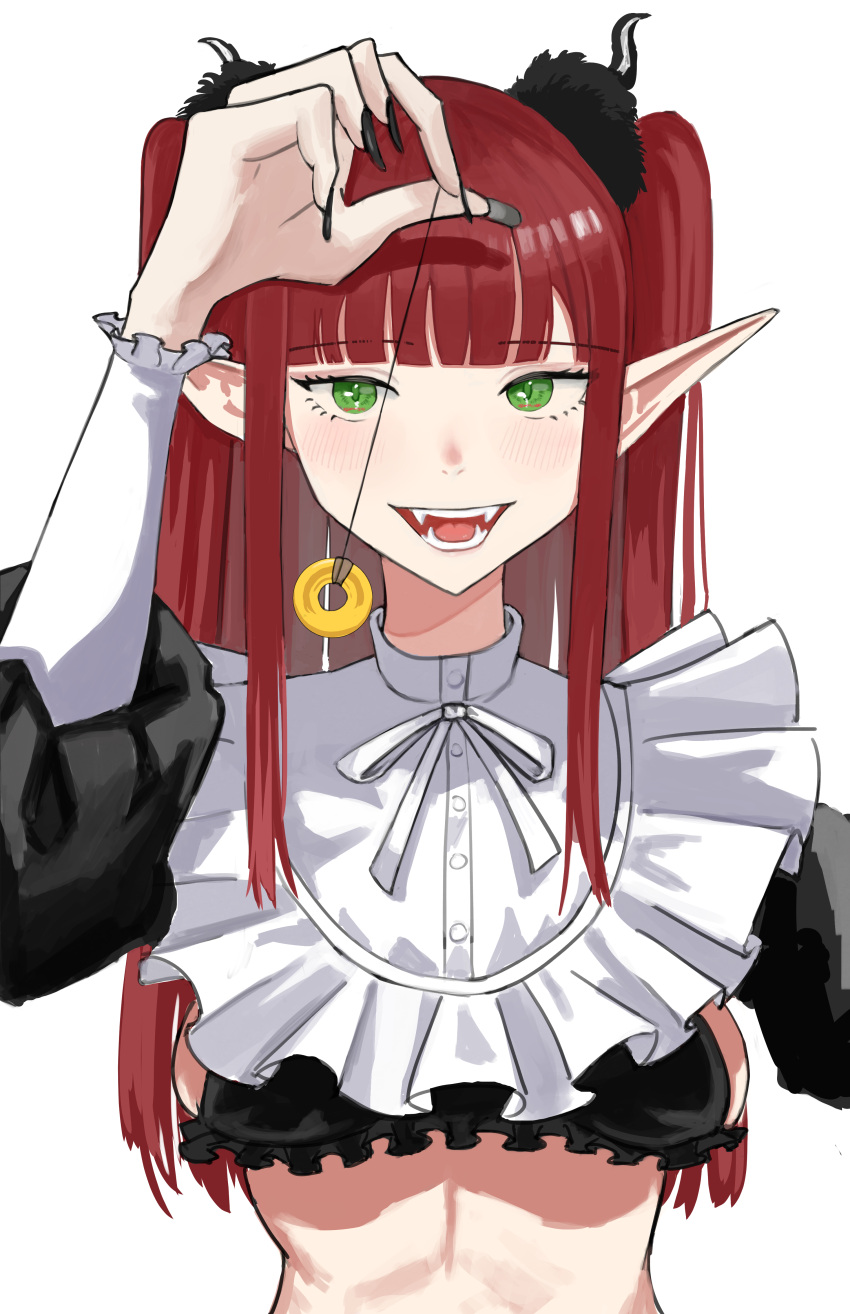 absurdres black_nails blunt_bangs blush breasts cosplay demon_girl demon_horns female green_eyes highres horns hypnosis inkayea kitagawa_marin mind_control open_mouth red_hair rizu-kyun rizu-kyun_(cosplay) smile solo sono_bisque_doll_wa_koi_wo_suru twintails