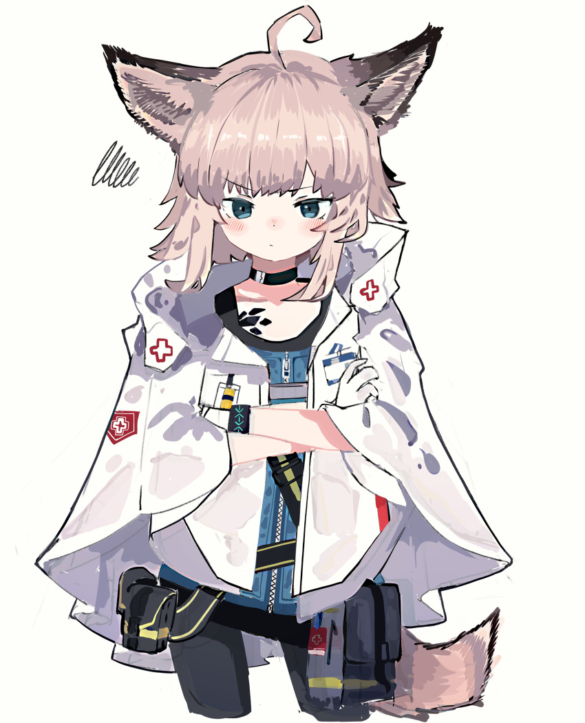 absurdres ahoge animal_ear_fluff animal_ears arknights black_choker black_pantyhose blue_eyes blue_shirt blush choker closed_mouth collarbone commentary_request cropped_legs crossed_arms female fox_ears fox_girl fox_tail gloves highres infection_monitor_(arknights) jacket material_growth open_clothes open_jacket oripathy_lesion_(arknights) pantyhose ryu_(17569823) shirt simple_background solo squiggle sussurro_(arknights) tail v-shaped_eyebrows white_background white_gloves white_jacket