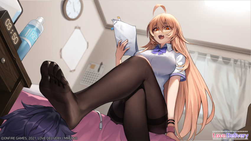 1boy :d ahoge blonde_hair blurry bow bowtie breasts brown_legwear collared_shirt crossed_legs depth_of_field feet female foot_focus foot_on_head highres holding indoors kwon_latte large_breasts long_hair looking_at_viewer looking_down love_delivery mmlyno no_shoes oerba_yun_fang official_art orange_eyes pantyhose paper shaded_face shirt short_sleeves sitting smile soles solo_focus stepped_on thighband_pantyhose toes very_long_hair white_shirt