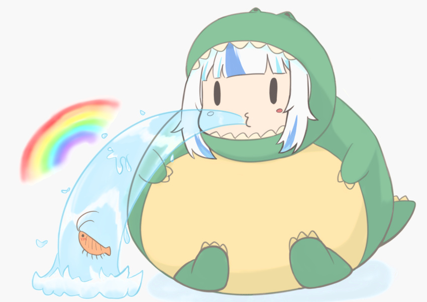 belly black_eyes blush dinosaur_costume ebi-chan_(gawr_gura) female full_body gawr_gura highres hololive hololive_english inflation multicolored_hair nekocrowss official_alternate_costume rainbow shadow shrimp sitting spitting streaked_hair tail virtual_youtuber water white_background