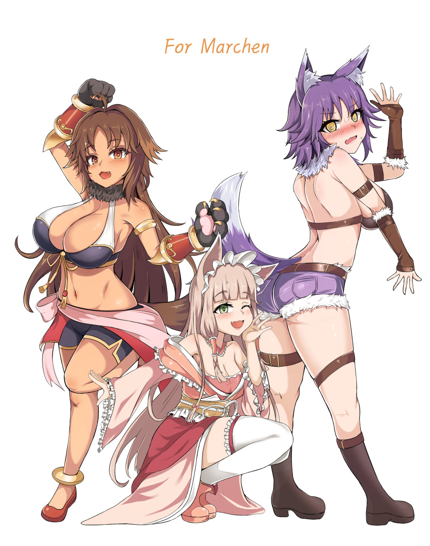 3girls @_@ absurdres ahoge animal_ear_fluff animal_ears animal_hands anklet arm_up asanagi_(style) ass bare_shoulders belt bikini bikini_top_only blonde_hair blunt_bangs blush boots bracer breasts brown_eyes brown_hair cleavage commission dog_ears dog_girl dog_tail dress fingerless_gloves fox_ears fox_girl frilled_legwear frilled_sleeves frills full_body fur_collar fur_trim gloves green_eyes hairband highres jewelry kaori_(princess_connect!) kim_wang_jang korean_commentary large_breasts leather leather_gloves long_hair maho_(princess_connect!) makoto_(princess_connect!) multiple_girls navel no_socks oerba_yun_fang off-shoulder_dress off_shoulder one_eye_closed open_mouth paw_gloves princess_connect! purple_hair short_hair short_shorts shorts sideboob sidelocks simple_background skin_fang smile squatting standing standing_on_one_leg stomach swimsuit tail tan thigh_strap thighhighs very_long_hair white_background white_legwear wide_sleeves wolf_ears wolf_girl wolf_tail yellow_eyes