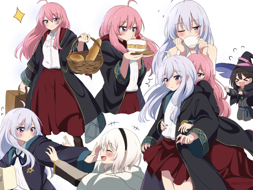 >_< 4girls :d ahoge amnesia_(majo_no_tabitabi) basket black_cloak black_hairband blush bread cake cloak closed_eyes closed_mouth commentary_request cup diamond_(shape) dot_nose drinking elaina_(majo_no_tabitabi) facing_another flying_sweatdrops food grey_hair hair_between_eyes hairband hand_on_own_cheek hand_on_own_face head_tilt highres holding holding_basket holding_cup holding_plate hood hood_down hooded_cloak houki_(majo_no_tabitabi) hug hug_from_behind legs_apart long_hair long_skirt long_sleeves looking_at_viewer majo_no_tabitabi miniskirt multiple_girls multiple_views open_cloak open_clothes open_mouth oyu_yu_(pixiv_94462206) pink_hair plate pleated_skirt purple_eyes pushing_away red_skirt saya_(majo_no_tabitabi) shirt shirt_tucked_in sidelocks simple_background skirt smile straight_hair teacup tearing_up twitter_username v-shaped_eyebrows white_background white_hair white_shirt wicker_basket yuri