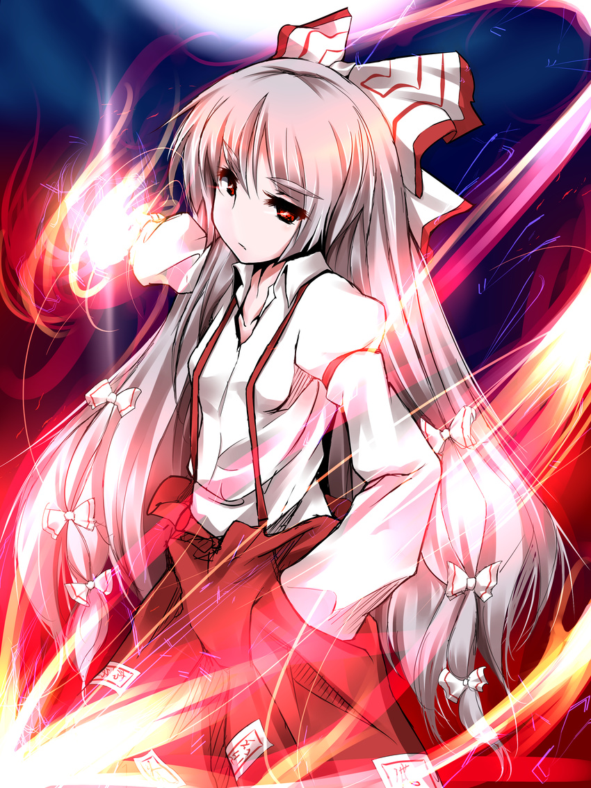 absurdres commentary_request female fire fujiwara_no_mokou hair_ribbon hand_in_pocket highres long_hair mikage_kirino revision ribbon solo touhou