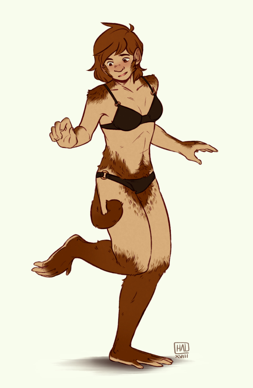 5_fingers 5_toes barefoot bikini biped bra breasts brown_body brown_eyes brown_fur brown_hair clothed clothing confusion countershade_feet countershading feet female fingers full-length_portrait fur hair haplorhine hi_res lakehounds mammal medium_breasts monkey plantigrade portrait prehensile_feet prehensile_tail primate simple_background solo swimwear tail toes transformation underwear white_background