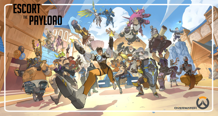 6+boys 6+girls amusement_park ana_(overwatch) armor balloon bastion_(overwatch) blizzard_world blue_sky brigitte_(overwatch) cannon cassidy_(overwatch) chest_harness commentary copyright_name cowboy_hat cross-laced_clothes cross-laced_legwear crossed_arms cup d.va_(overwatch) dark-skinned_female dark_skin day doomfist_(overwatch) dreadlocks dual_wielding english_commentary everyone firing fisheye floating flying gameplay_mechanics gas_mask genji_(overwatch) glasses gun handgun hanzo_(overwatch) harness hat highres holding hood hover_vehicle junkrat_(overwatch) lifting logo lucio_(overwatch) mask mecha mechanical_arms mechanical_wings meditation mei_(overwatch) meka_(overwatch) mercy_(overwatch) military military_vehicle moira_(overwatch) motor_vehicle mudra multiple_boys multiple_girls muscular muscular_female nesskain orisa_(overwatch) outdoors overwatch overwatch_1 pharah_(overwatch) pig_tattoo power_armor prosthesis prosthetic_arm reaper_(overwatch) reinhardt_(overwatch) revolver roadhog_(overwatch) robot running shield single_mechanical_arm sitting sky sleeveless smile snowflakes soldier:_76_(overwatch) sombra_(overwatch) stomach_tattoo symmetra_(overwatch) tank tattoo teacup torbjorn_(overwatch) tracer_(overwatch) turret vitarka_mudra weapon widowmaker_(overwatch) wings winston_(overwatch) zarya_(overwatch) zenyatta_(overwatch)