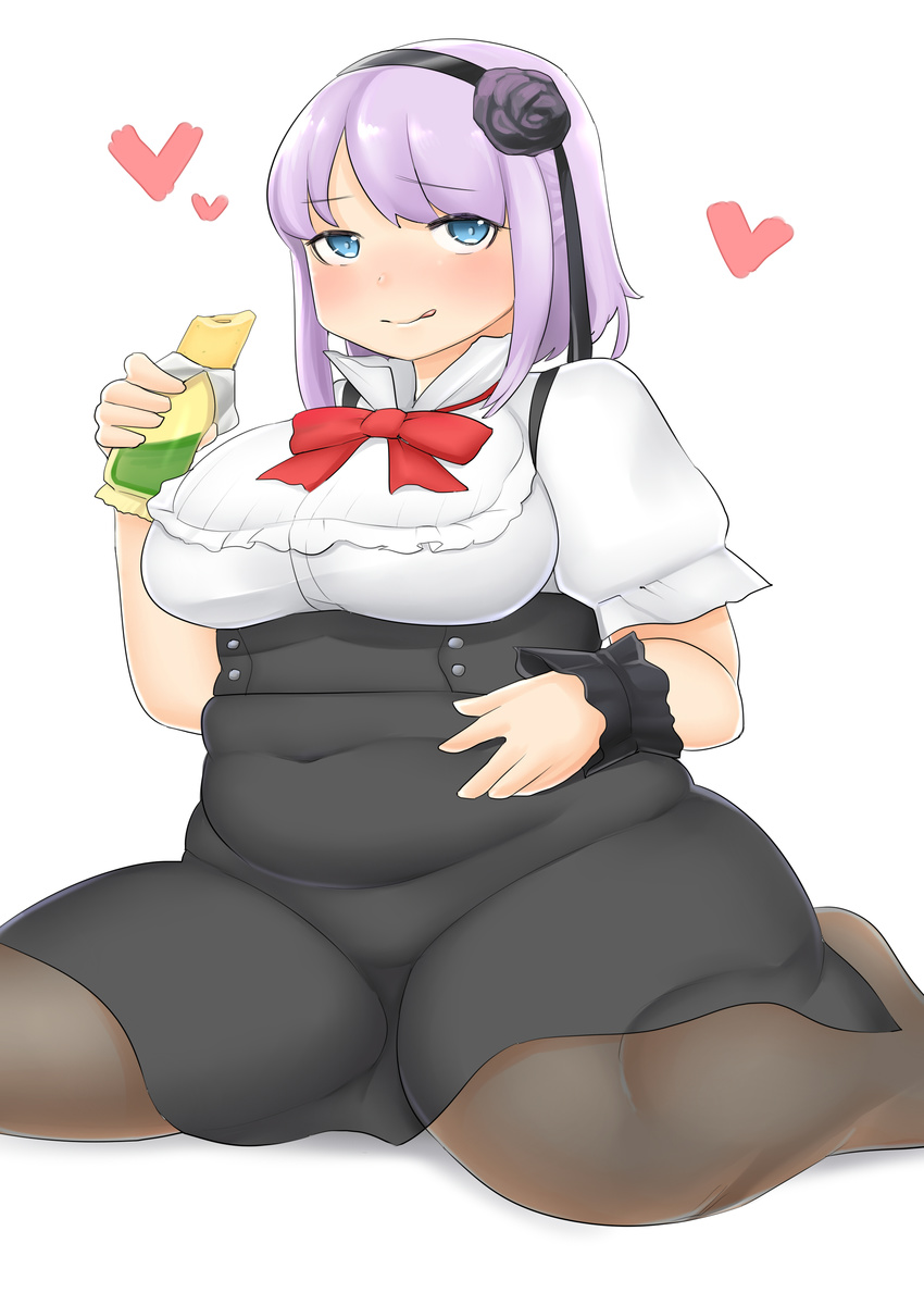 :q black_legwear blouse blue_eyes blush bow breasts dagashi_kashi eating female female fusa_(starless2323) hair_flower hair_ornament headband large_breasts pantyhose plump purple_hair rose shidare_hotaru short_hair short_sleeved_shirt short_sleeves simple_background sitting skirt solo wariza white_background white_shirt