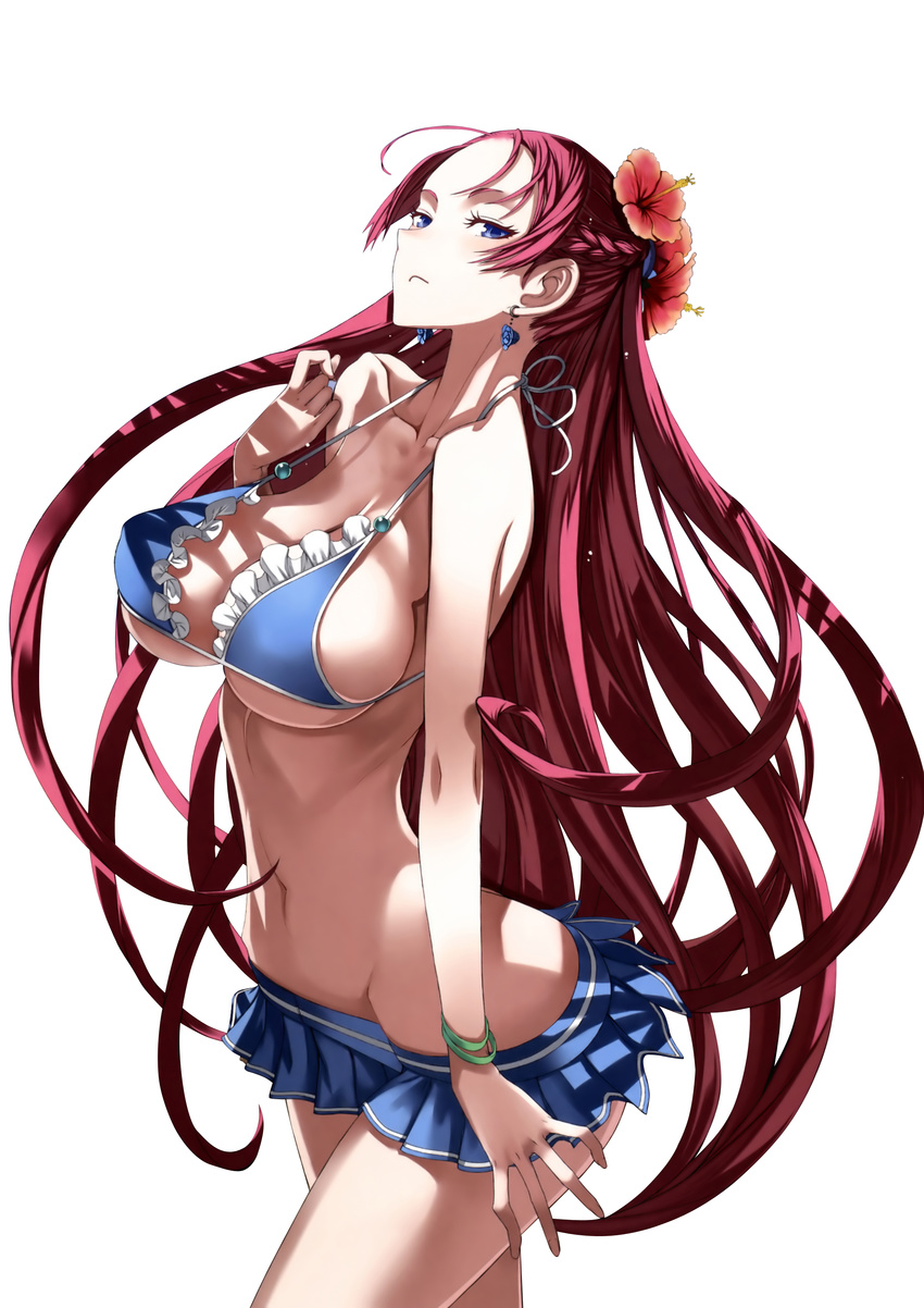 absurdres bikini bikini_skirt blue_eyes bracelet braid breasts earrings female flower frilled_bikini frills hair_flower hair_ornament highres honjou_raita jewelry juliana_eberhardt large_breasts long_hair looking_at_viewer miniskirt navel official_art pink_hair scan senjou_no_valkyria senjou_no_valkyria_2 simple_background skirt solo strap_gap swimsuit swimsuits underboob valkyria_chronicles valkyria_chronicles_duel very_long_hair