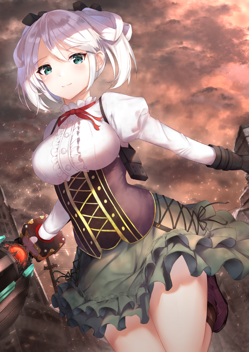 black_gloves black_ribbon blush boots breasts brown_socks center_frills ciel_alencon closed_mouth cloud cloudy_sky commentary_request corset cross-laced_clothes day dutch_angle female frilled_shirt frills gloves god_eater god_eater_2:_rage_burst green_skirt hair_ribbon hair_rings highres holding holding_weapon juliet_sleeves knee_boots kneehighs large_breasts layered_skirt leg_up long_sleeves meme_attire neck_ribbon outdoors outstretched_arm puffy_sleeves purple_footwear red_ribbon reuri_(tjux4555) ribbon ruins shirt short_hair skirt sky smile socks solo thighs twintails underbust utility_pole virgin_killer_outfit weapon white_shirt