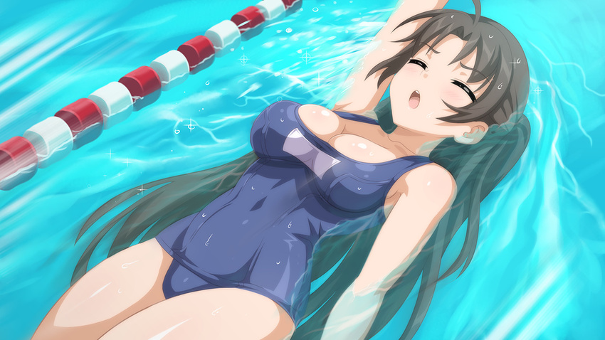 black_hair breasts cleavage closed_eyes female female game_cg lane_line large_breasts mieko_(sakura_swim_club) open_mouth pool sakura_swim_club school_swimsuit solo swimming swimsuit wanaca water winged_cloud