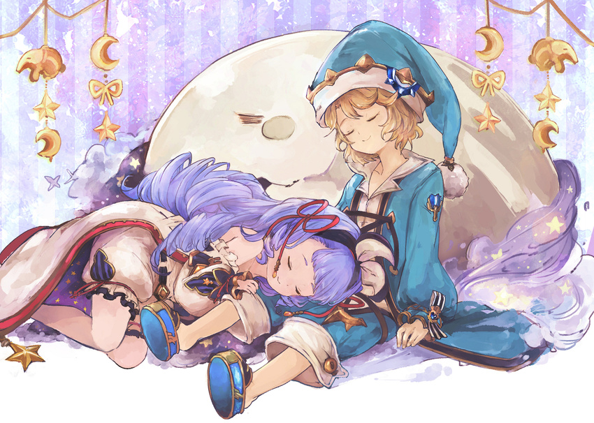 1boy bare_shoulders bow commentary_request drill_hair female granblue_fantasy hair_ribbon hairbow hat ikelos lap_pillow morphe_(granblue_fantasy) phoebe_(granblue_fantasy) purple_hair ribbon sleeping smile tapir wataichi_meko