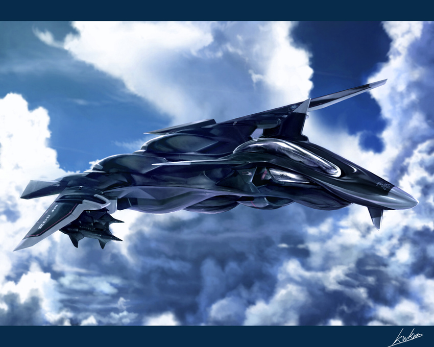 aircraft airplane cloud commentary_request ffr-41mr fighter_jet jet kawanakajima letterboxed military military_vehicle no_humans science_fiction sentou_yousei_yukikaze signature sky vehicle_focus