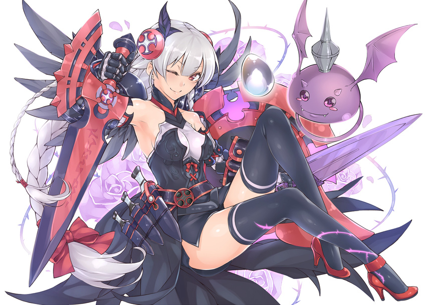 alternate_color armpits braid commentary_request dark_valkyrie_(p&d) egg female flower high_heels highres king_baddie_(p&d) long_hair makita_(twosidegekilove) one_eye_closed puzzle_&_dragons red_eyes rose shield silver_hair smile sword thighhighs tri_braids valkyrie_(p&d) very_long_hair weapon