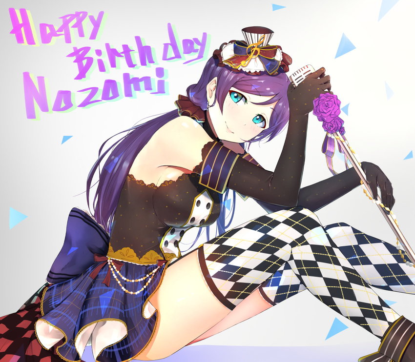 aqua_eyes argyle_clothes argyle_legwear black_gloves bow breasts cafe_maid_(love_live!) character_name checkered commentary_request elbow_gloves female flower frills gloves hair_ornament happy_birthday hat large_breasts long_hair love_live! love_live!_school_idol_festival love_live!_school_idol_project low_twintails marshall_(wahooo) microphone microphone_stand mini_hat mini_top_hat purple_flower purple_hair purple_rose rose scrunchie skirt smile solo thighhighs tojo_nozomi top_hat twintails