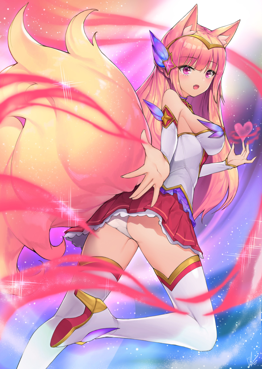 ahri alternate_costume alternate_eye_color alternate_hair_color animal_ears breasts fox_ears fox_tail high_heel_boots league_of_legends long_hair magical_girl oerba_yun_fang peach_hair skirt solo standing star_guardian_ahri tail thigh_boots