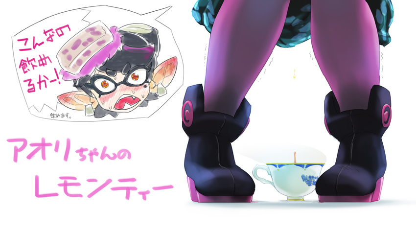 +_+ 2girls ass bad_id bad_pixiv_id black_hair blush callie_(splatoon) cup earrings embarrassed fangs inkling jewelry kabeu_mariko looking_at_viewer marie_(splatoon) mole mole_under_eye monster_girl multiple_girls object_on_head open_mouth orange_eyes out_of_frame pantyhose pee_in_container peeing peeing_in_cup photoshop_(medium) pointy_ears sharp_teeth solo_focus splatoon_(series) splatoon_1 sweat teacup teeth translated trembling urine yuri