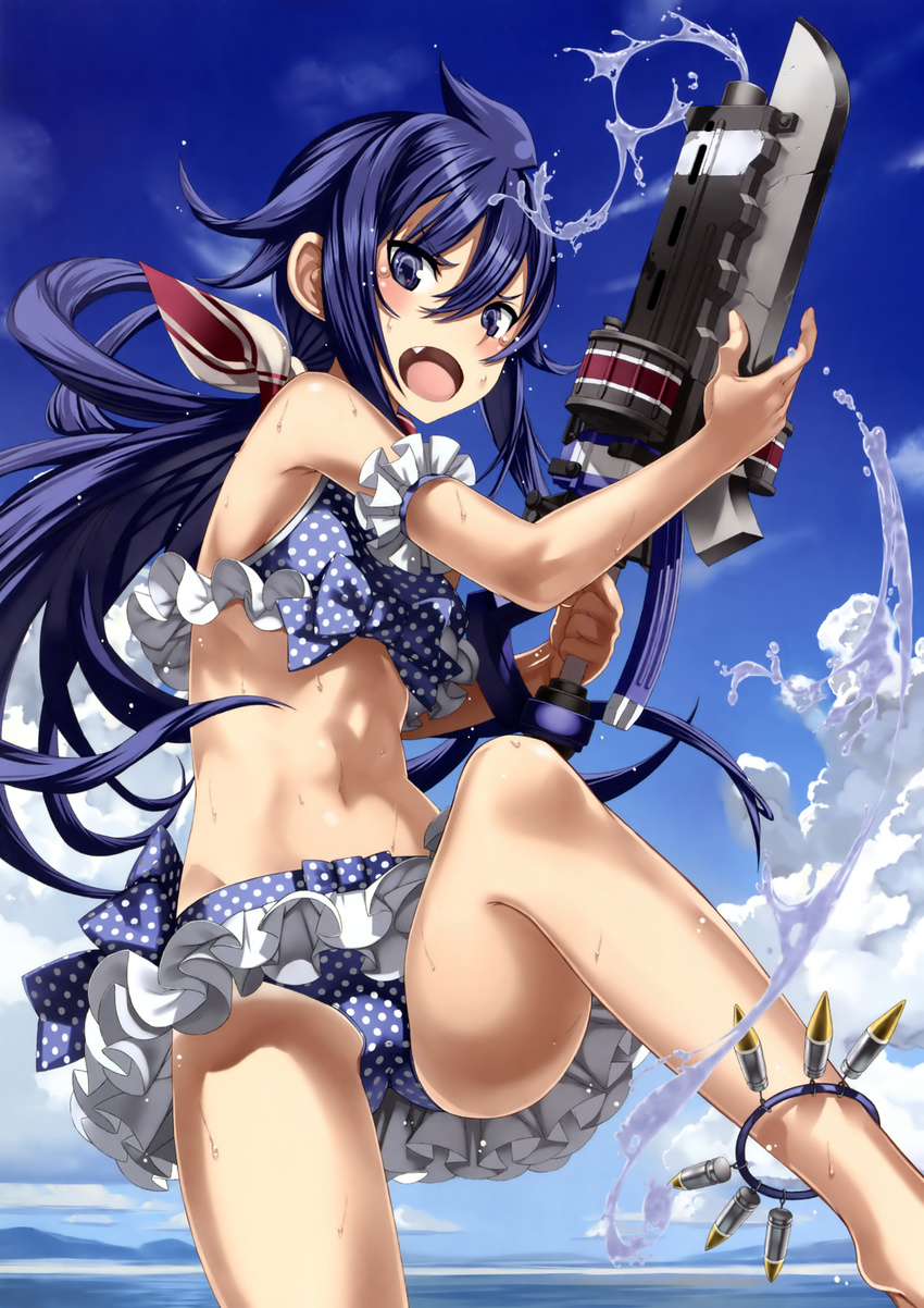 :o absurdres ahoge angry anklet armband armpits bayonet beach bikini bikini_skirt bikini_tan blue_bikini blue_eyes blue_hair blue_sky blush bow bow_bikini breasts bullet cloud crotch day drum_magazine female fighting_stance flipped_hair floating_hair frills hair_between_eyes hair_ribbon highres holding honjou_raita imca jewelry leg_lift long_hair looking_at_viewer low_ponytail magazine_(weapon) mountain navel ocean oerba_yun_fang official_art open_mouth outdoors polka_dot polka_dot_bikini ribbon scan senjou_no_valkyria_(series) senjou_no_valkyria_3 sky small_breasts solo splashing swimsuit tan tankini tanlines tears var_(weapon) very_long_hair water water_gun weapon wet