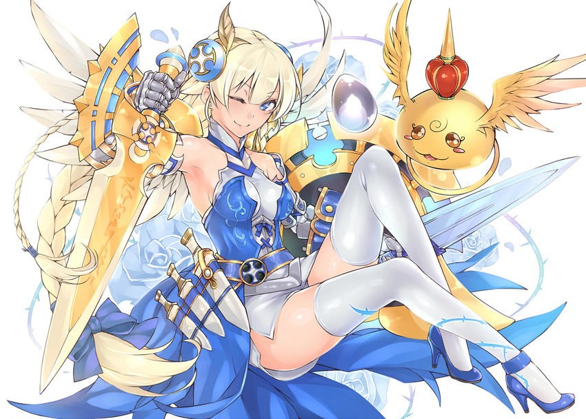 alternate_color armpits blonde_hair blue_eyes braid commentary_request egg female flower high_heels highres king_shynee_(p&d) long_hair makita_(twosidegekilove) one_eye_closed puzzle_&_dragons rose shield smile sword thighhighs tri_braids valkyrie_(p&d) very_long_hair water_valkyrie_(p&d) weapon