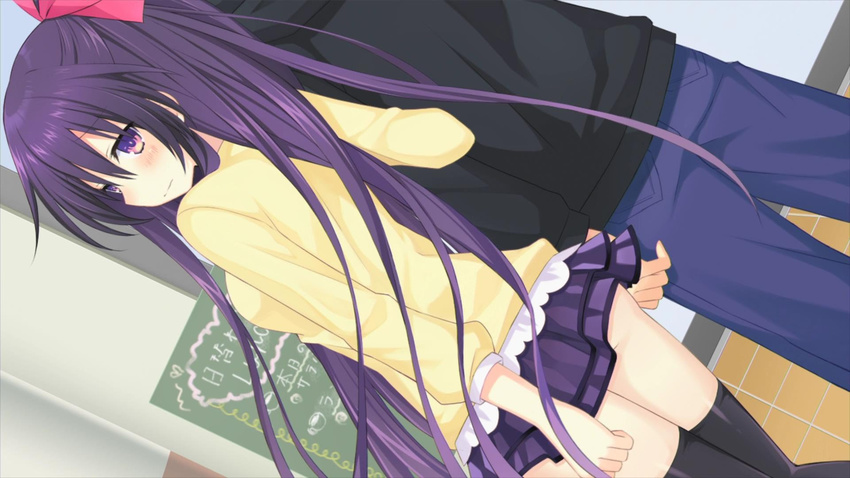 1boy black_legwear blue_pants blush breasts casual closed_mouth couple date_a_live date_a_live:_arusu_install dutch_angle embarrassed female from_behind game_cg hair_between_eyes hair_ribbon high_ponytail highres hood hood_down hoodie indoors itsuka_shidou layered_skirt legs_together long_hair medium_breasts miniskirt pants ponytail purple_eyes purple_hair purple_skirt raised_eyebrows ribbon sign skirt solo_focus standing straight sweater thighhighs tile_floor tiles tsunako very_long_hair yatogami_tooka