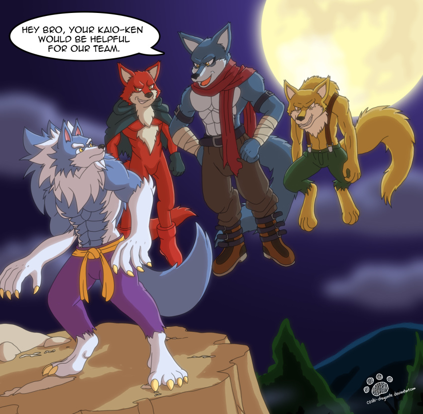 anthro basil_(dragon_ball) bergamo blue_body blue_fur boots bottomwear brother_(lore) brothers_(lore) canid canine canis capcom cliff clothed clothing cloud coshi-dragonite crossover darkstalkers dragon_ball dragon_ball_super english_text footwear forest full_moon fur group hi_res jon_talbain lavender_(dragon_ball_super) male mammal moon mountain mythological_canine mythological_creature mythology pants partially_clothed plant sibling_(lore) speech_bubble text tree were werecanid werecanine werewolf wolf