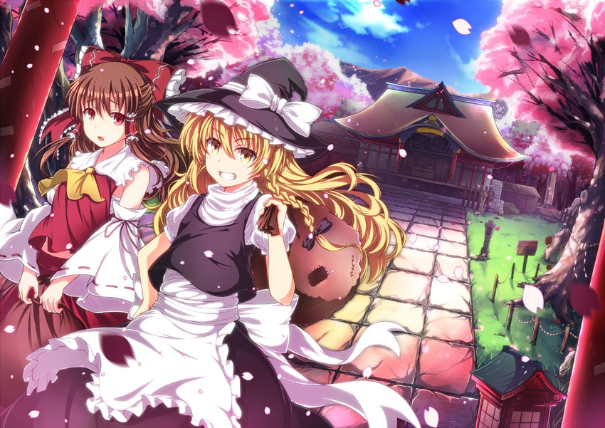 2girls :o architecture ascot bow braid carrying_over_shoulder cherry_blossoms chinese_commentary commentary_request detached_sleeves east_asian_architecture grin hair_ornament hair_tubes hairclip hakurei_reimu hakurei_shrine hat hat_bow jianren kirisame_marisa long_hair looking_at_viewer mountain multiple_girls over_shoulder petals puffy_short_sleeves puffy_sleeves sack short_sleeves single_braid smile touhou white_bow witch_hat