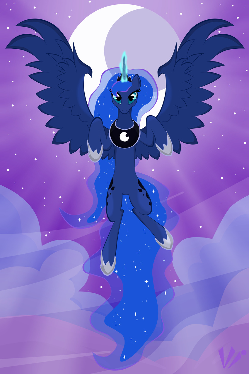 2016 2:3 absurd_res alicorn blue_body blue_feathers blue_hair cloud crown equid equine feathered_wings feathers female feral flying friendship_is_magic hair hasbro headgear hi_res horn jewelry mammal moon my_little_pony mythological_creature mythological_equine mythology necklace night outside princess_luna_(mlp) sky solo spread_wings star unicorn_horn virenth wings