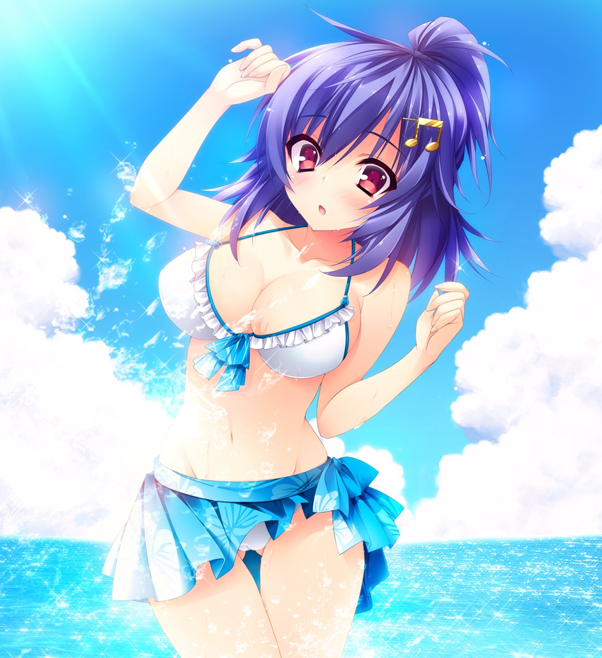 :o anapom bikini bikini_skirt blue_hair blue_sky blush breasts cameltoe cleavage cloud day female frilled_bikini frills hair_ornament halterneck highres large_breasts looking_at_viewer musical_note nishikujou_kanon ocean pink_eyes sarong short_hair shukufuku_no_kane_no_oto_wa_sakura-iro_no_kaze_to_tomo_ni sky solo splashing swimsuit thigh_gap water white_bikini