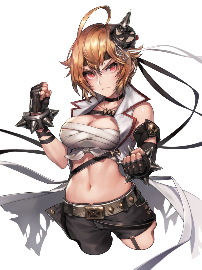 ahoge bandages belt belt_buckle black_choker black_gloves black_headband black_ribbon black_shorts blonde_hair bracelet breasts buckle budget_sarashi chest_sarashi choker cleavage clenched_hands collarbone collared_jacket commentary_request cropped_jacket cropped_legs female fingerless_gloves fingernails frown glaring gloves hair_between_eyes hair_flaps hair_ornament headband highres ibuki_tsubasa idolmaster idolmaster_million_live! idolmaster_million_live!_theater_days jacket jewelry knot looking_at_viewer machi_(machi333) medium_breasts navel photoshop_(medium) red_eyes ribbon sarashi scar short_hair shorts sidelocks simple_background sleeveless sleeveless_jacket solo spiked_bracelet spikes studded_belt white_background white_belt white_ribbon