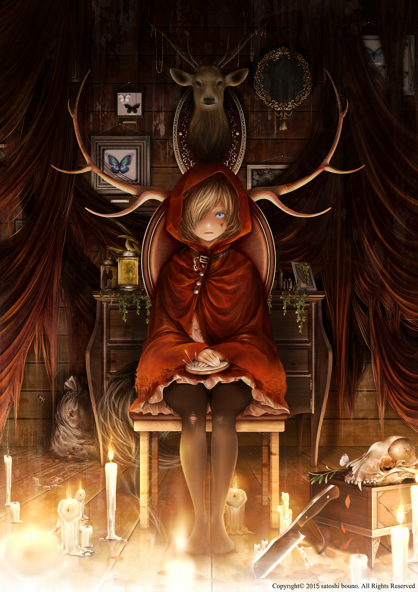 absurdres animal_skull antlers artist_name bad_id bad_pixiv_id black_pantyhose blonde_hair blood blood_on_face blue_eyes bouno_satoshi box broken_glass buckle bug butterfly candle chair chest_of_drawers cleaver cloak dated deer_head embroidery embroidery_hoop english_text expressionless female framed_insect frog full_body glass glint hair_over_one_eye highres hood horns indoors jar jewelry jewelry_box leather lizard looking_at_viewer necklace needle no_shoes original own_hands_together pantyhose parted_lips petals picture_frame plant sack sewing_needle silk sitting skirt skull solo spider_web swept_bangs tail taxidermy torn_clothes torn_pantyhose trophy_head unworn_jewelry unworn_necklace watermark wooden_floor wooden_wall