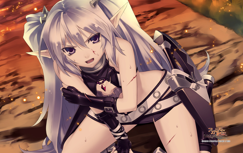 2010 agarest_senki agarest_senki_(series) angry arm_grab belt blood company_name copyright_name female fingerless_gloves fyuria_(agarest_senki) gem gloves highres hirano_katsuyuki injury kneeling long_hair loose_belt microskirt midriff official_art pale_skin pointy_ears purple_eyes silver_hair skirt solo sweat twintails