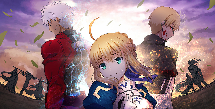 2boys absurdly_long_hair ahoge amputee aora archer_(fate) artoria_pendragon_(fate) bad_id bad_pixiv_id blonde_hair blood blood_on_clothes blood_on_face brown_hair closed_eyes cu_chulainn_(fate) cu_chulainn_(fate/stay_night) dissolving fate/stay_night fate/unlimited_blade_works fate_(series) female gilgamesh_(fate) gilgamesh_(immoral_biker_jacket)_(fate) heracles_(fate) holding holding_polearm holding_weapon long_hair medea_(fate) medusa_(fate) medusa_(rider)_(fate) monohoshizao multiple_boys official_alternate_costume over_shoulder parody photoshop_(medium) polearm profile saber_(fate) sasaki_kojirou_(fate) severed_arm severed_limb smile style_parody sword sword_on_back takeuchi_takashi_(style) very_long_hair weapon weapon_on_back weapon_over_shoulder white_hair