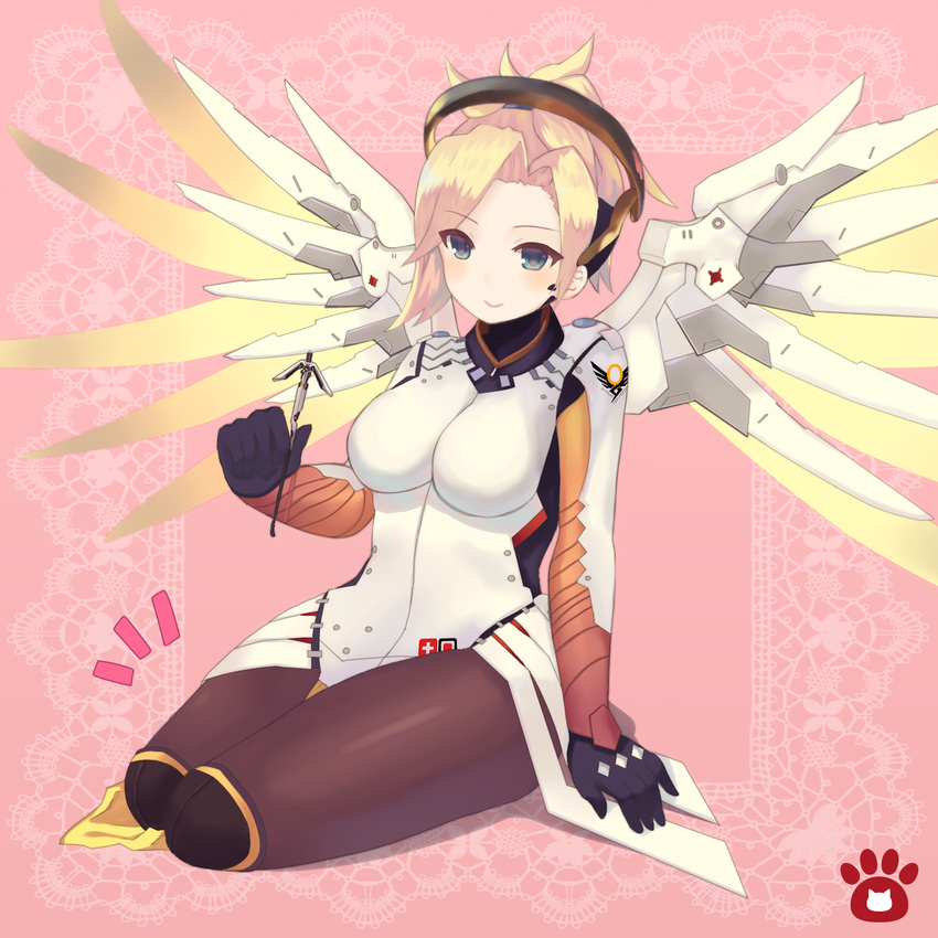 arm_support blonde_hair blue_eyes blush breasts commentary_request female gloves halo high_ponytail highres holding large_breasts long_hair mechanical_halo mechanical_wings mercy_(overwatch) mimikaki nekomo overwatch overwatch_1 pantyhose partial_commentary ponytail seiza short_hair sitting skin_tight solo staff wings yellow_wings