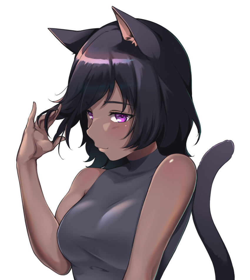 animal_ear_fluff animal_ears bare_shoulders black_hair black_tail black_tank_top breasts cat_ears cat_girl cat_tail character_request copyright_request dark-skinned_female dark_skin female hand_in_own_hair highres medium_breasts medium_hair nano_(nanojyaa) original purple_eyes simple_background solo tail tank_top white_background