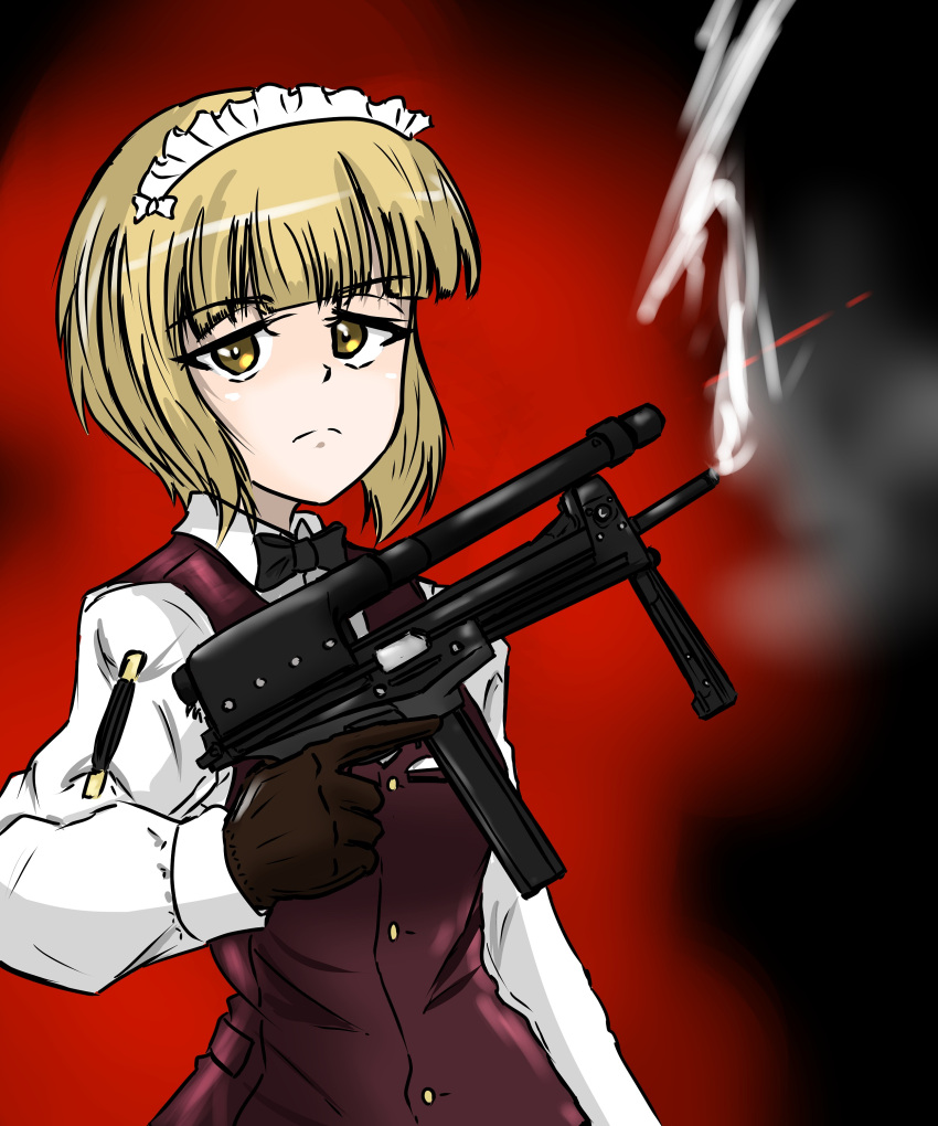 absurdres arm_garter bartender black_bow black_bowtie black_gloves blonde_hair blunt_bangs bob_cut bow bowtie brown_vest closed_mouth cobra_(movie) commentary cutlass_(girls_und_panzer) dress_shirt female frown girls_und_panzer gloves gun highres holding holding_gun holding_weapon jatimatic laser laser_pointer_projection laser_sight long_sleeves looking_at_viewer moesenyukikaze shirt short_hair smoke solo submachine_gun trigger_discipline vest weapon white_shirt wing_collar yellow_eyes