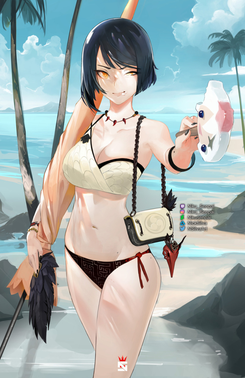 artist_name artstation_logo artstation_username asymmetrical_hair bag bare_legs beach beach_umbrella bikini bird_mask black_bikini black_feathers black_hair black_nails blue_sky bob_cut bracelet breasts character-themed_food cleavage closed_mouth cloud cloudy_sky collarbone commentary cowboy_shot criss-cross_suspenders day deviantart_logo deviantart_username english_commentary eyebrows feathers female food food_on_face genshin_impact half-closed_eye handbag head_tilt highres holding holding_food holding_umbrella ice_cream ice_cream_bar ice_cream_on_face instagram_logo instagram_username jewelry kujou_sara legs_together looking_at_viewer mask medium_breasts medium_hair midriff nail_polish navel necklace nikusenpai ocean orange_eyes outdoors paimon_(genshin_impact) palm_tree rock sidelocks sky smile solo standing swimsuit thighs tree twitch_logo twitch_username twitter_logo twitter_username two-tone_bikini umbrella water white_bikini