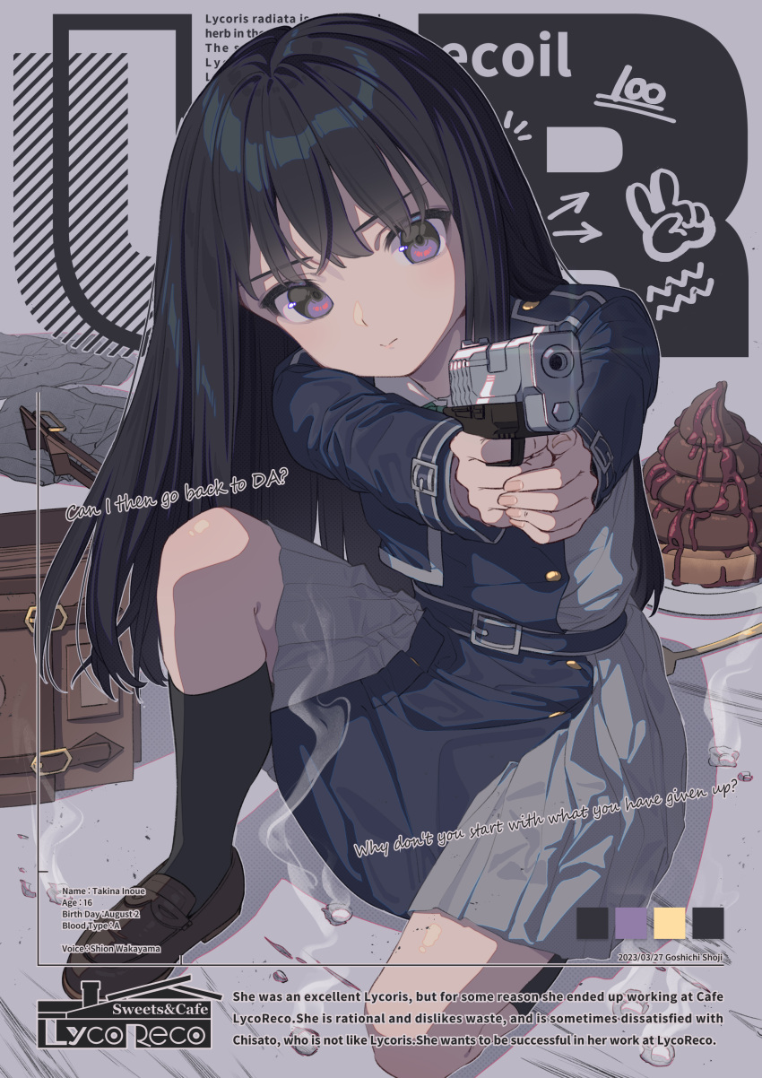 absurdres aiming aiming_at_viewer artist_name bag belt black_hair black_socks blue_belt blue_dress box brown_footwear bullet cake character_age character_name character_profile closed_mouth collared_shirt color_guide commentary cover dress english_text fake_magazine_cover female finger_on_trigger food full_body goshichi_shoji green_ribbons grey_background grey_dress gun hair_between_eyes handgun highres holding holding_gun holding_weapon inoue_takina knee_up kneehighs loafers long_hair long_sleeves looking_at_viewer lycoris_recoil lycoris_uniform magazine_cover neck_ribbon on_one_knee parfait pleated_dress poop_parfait purple_background purple_eyes reference_inset ribbon school_uniform shell_casing shirt shoes simple_background sitting smoke socks solo squatting straight_hair two-tone_dress uniform very_long_hair weapon