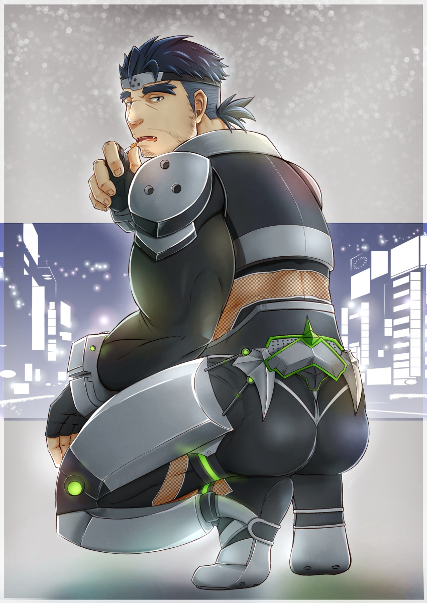 1boy absurdres armor ass back back_cutout bara black_bodysuit black_gloves black_hair blue_eyes blue_hair bodysuit border chest_armor clothing_cutout dark_blue_hair facial_hair fingerless_gloves fishnet_cutout forehead_protector forked_eyebrows gammei_(live_a_hero) gloves highres live_a_hero looking_at_viewer male_focus mature_male muscular muscular_male sabita_kan short_hair solo squatting stubble thick_thighs thigh_cutout thighs transparent_border undercut white_border