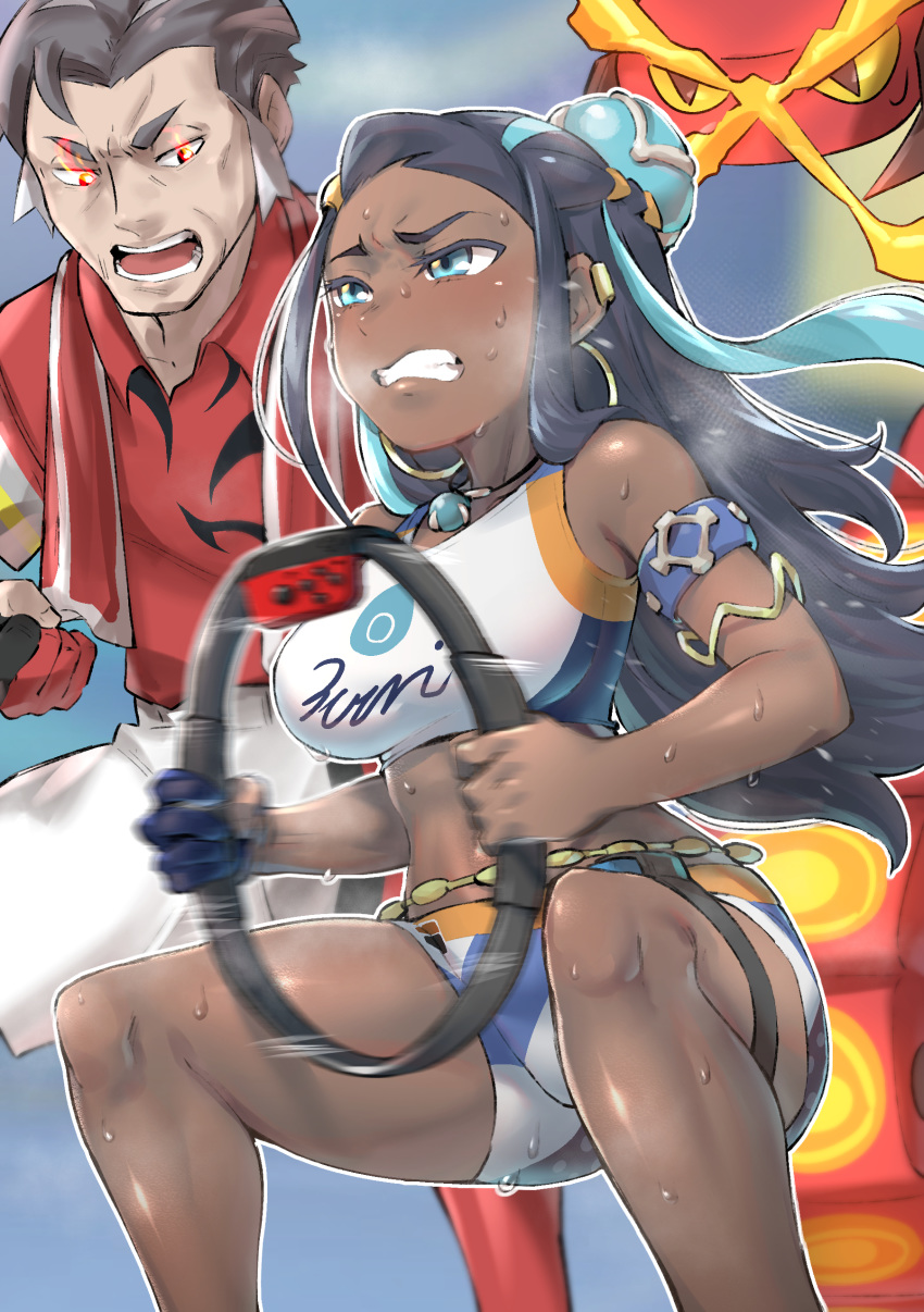 1boy absurdres armlet blue_eyes breasts centiskorch clenched_teeth crop_top dark-skinned_female dark_skin earrings exercising female flaming_eyes highres hoop_earrings jewelry kabu_(pokemon) korean_commentary long_hair medium_breasts midriff motion_blur moto_toshi multicolored_hair nessa_(pokemon) pendant pokemon pokemon_(creature) pokemon_swsh ring-con ring_fit_adventure shorts sweat teeth towel towel_around_neck two-tone_hair