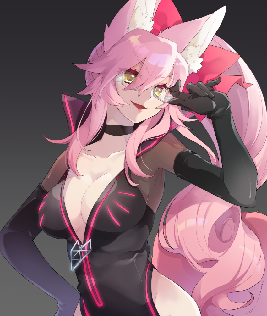 akibotann animal_ear_fluff animal_ears black_bodysuit blush bodysuit bow breasts center_opening choker cleavage fate/grand_order fate_(series) female fox_ears fox_girl fox_tail glasses hair_between_eyes hairbow highres hip_vent koyanskaya_(assassin)_(first_ascension)_(fate) koyanskaya_(fate) large_breasts long_hair looking_at_viewer open_mouth pink_bow pink_hair ponytail sidelocks smile solo tail tamamo_(fate) yellow_eyes