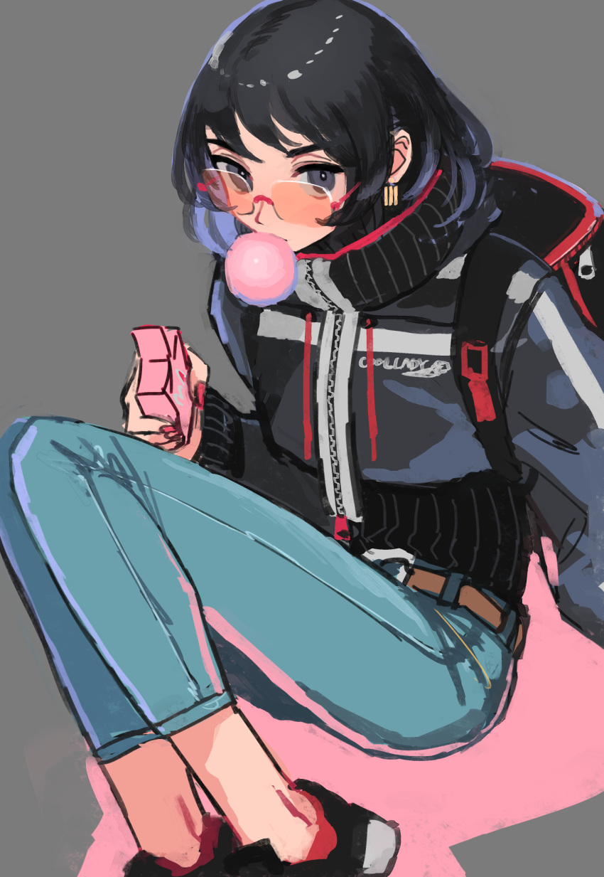 belt black_eyes black_hair blowing_bubbles blue_legwear chewing_gum commentary_request drawstring earrings female grey_background highres jewelry kaneni knees_up long_sleeves looking_over_eyewear original pink-tinted_eyewear shoes short_hair solo sunglasses tinted_eyewear