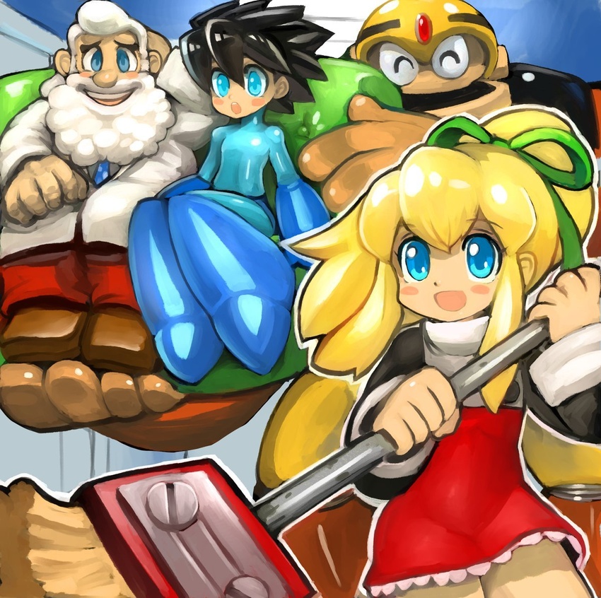 3boys :d ^_^ android beard black_hair blonde_hair blue_bodysuit blue_eyes blue_necktie blush blush_stickers bodysuit broom brown_footwear brown_pants closed_eyes dakusuta dr._light_(mega_man) dress facial_hair female green_ribbons guts_man hair_ribbon happy helmet holding holding_broom lab_coat long_hair long_sleeves mega_man_(character) mega_man_(classic) mega_man_(series) mega_man_1 multiple_boys necktie open_mouth outline pants polka_dot polka_dot_necktie ponytail red_dress red_skirt ribbon robot roll_(mega_man) shoes skirt smile standing teeth upper_teeth_only white_hair white_outline yellow_headwear